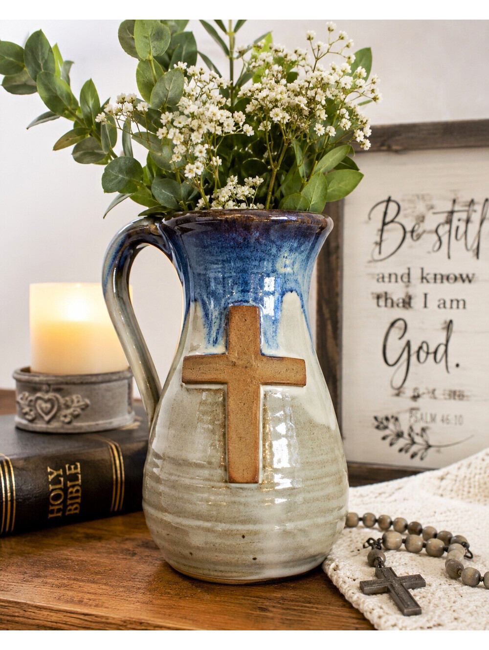 Signed Bennett Ohio Studio Pottery Christian Cross Pitcher Vase Stoneware